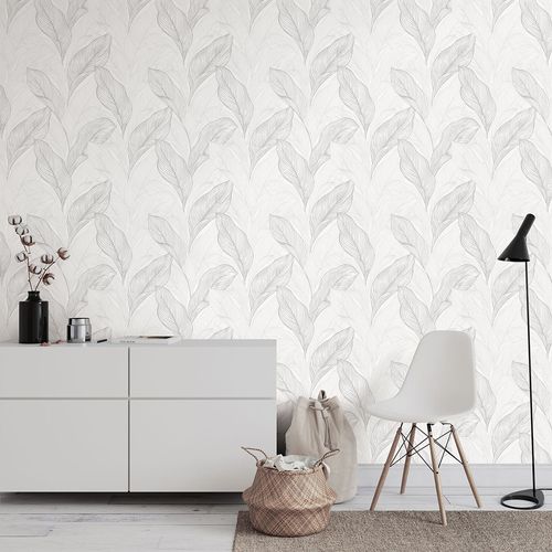Non-woven wallpaper leaves white silver metallic 10282-31