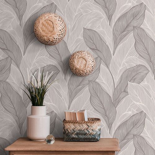 Non-woven wallpaper leaves beige grey metallic 10282-38