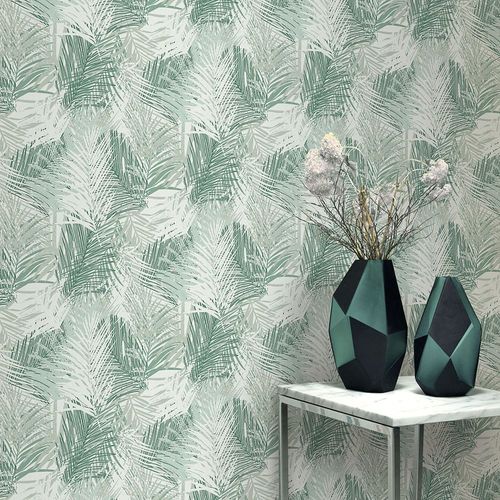 Non-woven wallpaper leaves green white metallic 10350-07