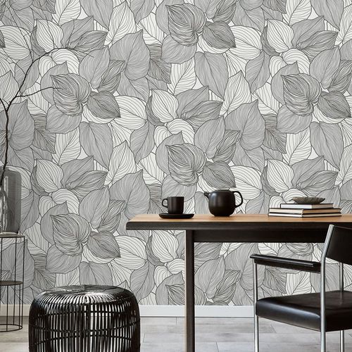 Non-woven wallpaper leaves cream black glitter 10381-10