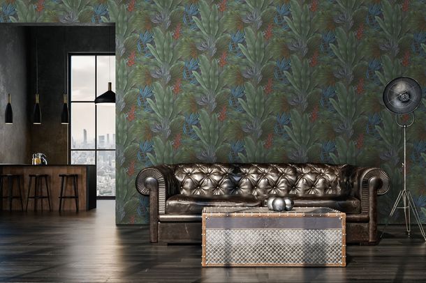 Non-woven wallpaper jungle leaves green grey 39647-1