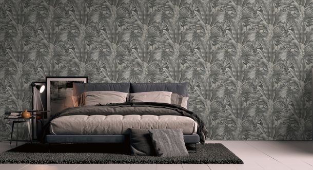 Non-woven wallpaper jungle leaves grey beige 39647-3