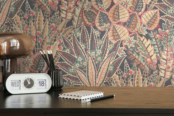 Non-woven wallpaper tropical floral black beige red 39653-1