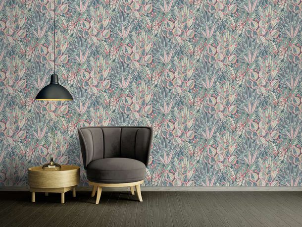 Non-woven wallpaper tropical floral blue green red 39653-2