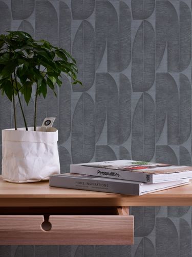 Non-woven wallpaper leaf pattern black grey 39658-4
