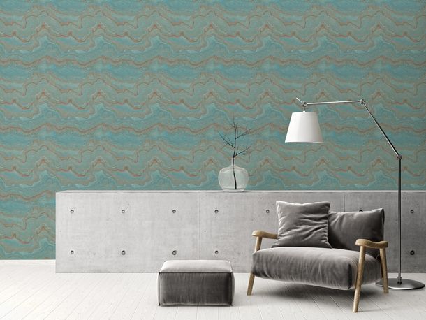 Non-woven wallpaper marble look blue gold metallic 39659-1