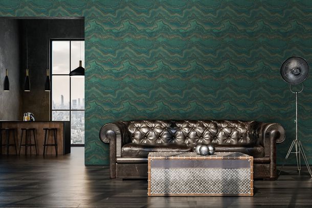Non-woven wallpaper marble look green gold metallic