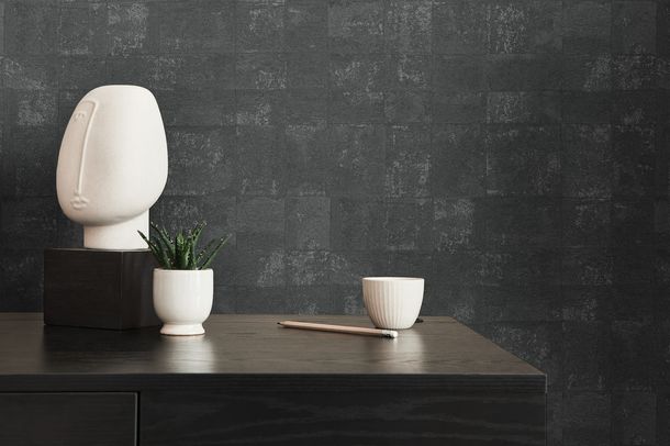 Non-woven wallpaper tiles black silver metallic 39671-4