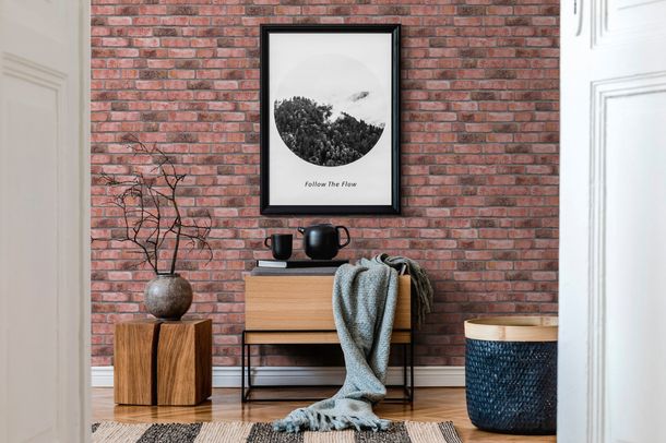 Non-woven wallpaper brick look red grey white 38812-1
