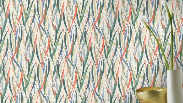 Non-woven wallpaper Rasch floral cream green orange