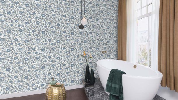 Non-woven wallpaper Rasch flowers cream blue 330410