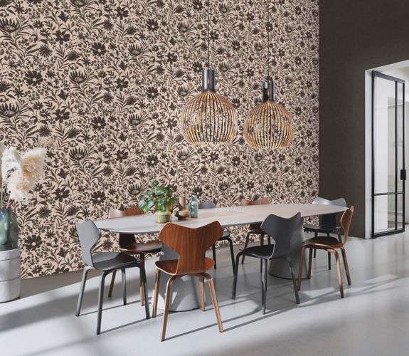 Non-woven wallpaper Rasch flowers beige black 330434