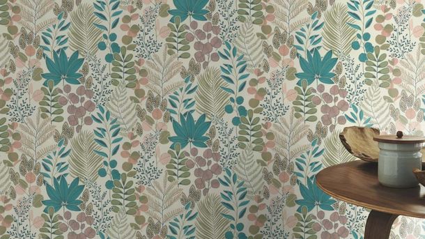 Non-woven wallpaper Rasch leaves white green pink 465310