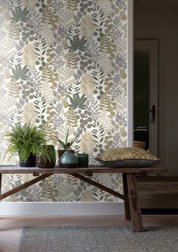 Non-woven wallpaper Rasch leaves white green beige 465334