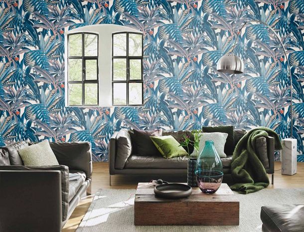 Non-woven wallpaper Rasch leaves cream blue beige 689501