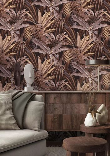 Non-woven wallpaper Rasch leaves black brown beige 689518