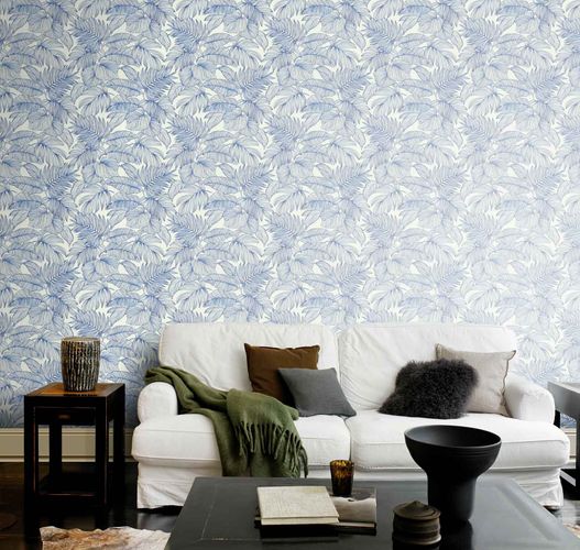 Non-woven wallpaper Rasch leaves fern white blue 865110