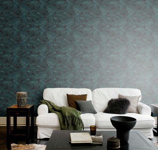 Non-woven wallpaper Rasch leaves fern black blue 865158