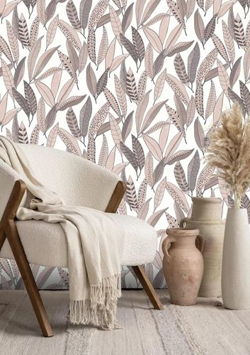 Non-woven wallpaper Rasch leaves white pink 865622