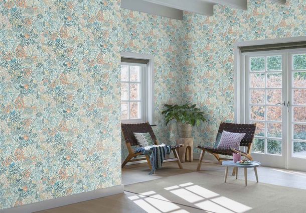 Non-woven wallpaper Rasch tropical white blue 866124