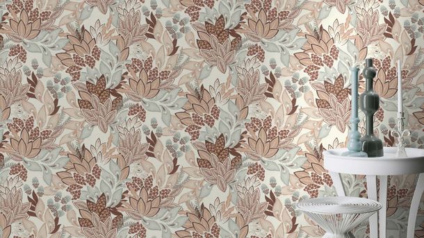 Non-woven wallpaper Rasch leaves cream brown green 866223
