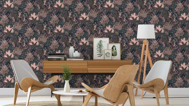 Non-woven wallpaper Rasch leaves black pink beige 866247
