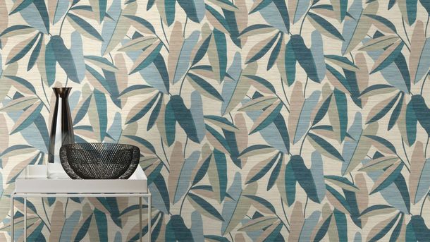 Non-woven wallpaper Rasch leaves beige blue green 866346