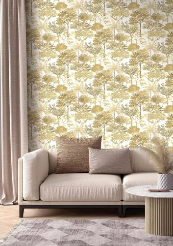 Non-woven wallpaper Rasch trees tropics white yellow 867336