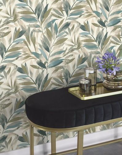 Non-woven wallpaper Rasch leaves white green beige 867640