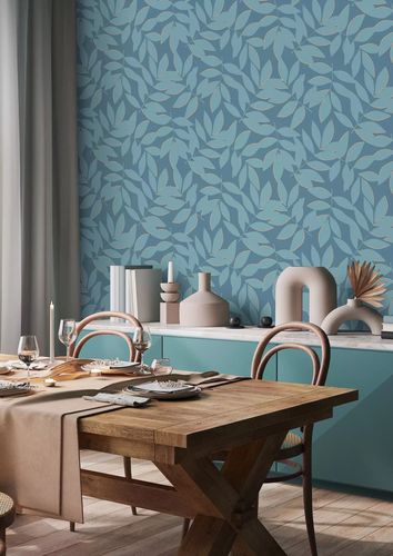 Non-woven wallpaper Rasch leaves 3D look blue beige 868418