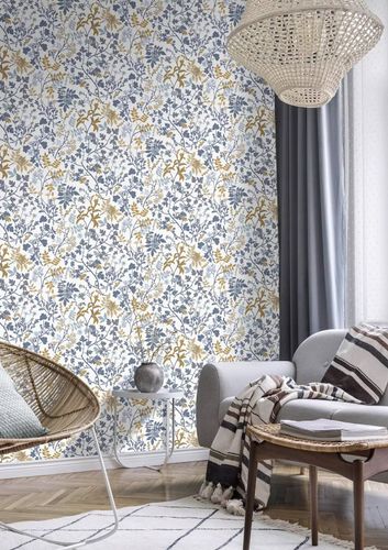 Non-woven wallpaper Rasch floral white blue yellow 868500