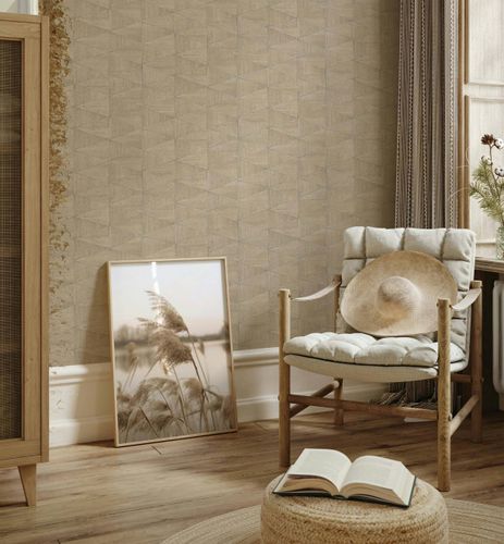 Non-woven wallpaper tiles wood look beige brown 33359
