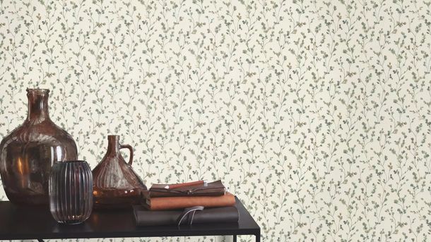 Non-woven wallpaper Rasch leaves cream green 486148