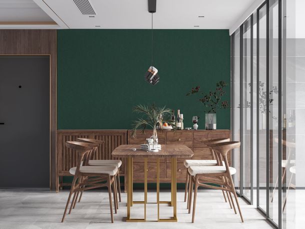 Non-woven wallpaper linen look modern dark green 39339-5