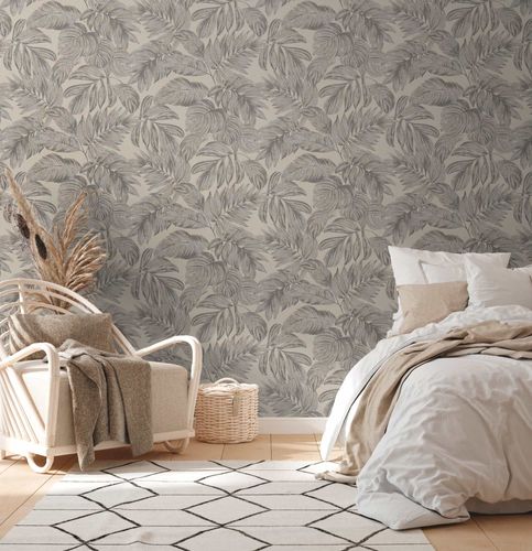 Non-woven wallpaper leaves beige grey silver 39340-2