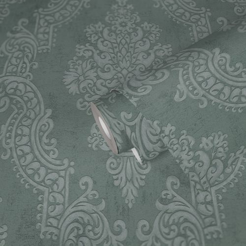Non-woven wallpaper baroque green metallic 39765-1