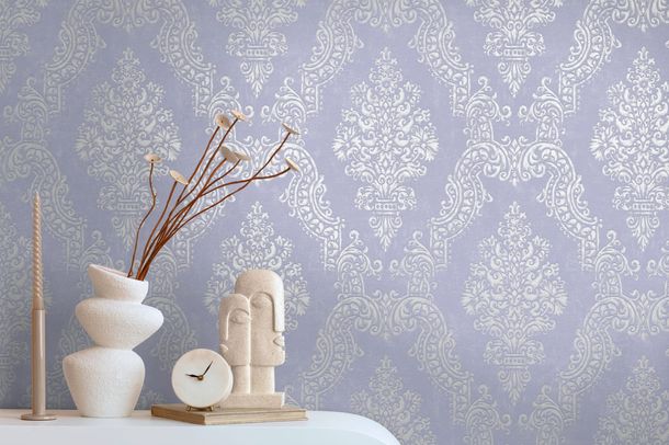 Non-woven wallpaper baroque purple cream metallic 39765-2