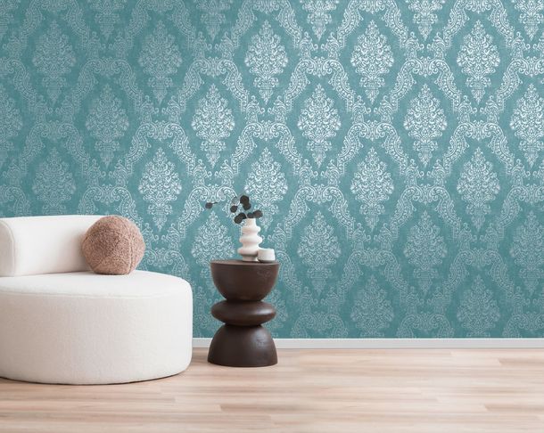 Non-woven wallpaper baroque turquoise metallic 39765-4