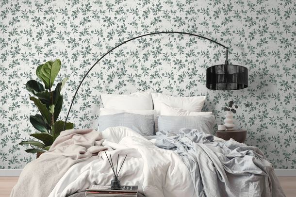 Non-woven wallpaper floral white green silver 39768-2