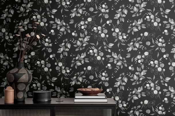 Non-woven wallpaper floral black grey silver 39768-5