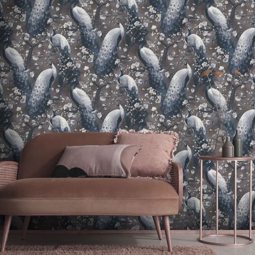 Non-woven wallpaper floral birds brown grey black 10414-15