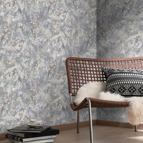 Non-woven wallpaper floral grey purple cream 10415-31
