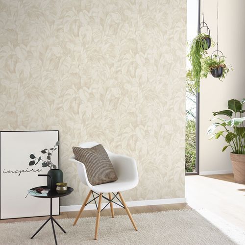 Non-woven wallpaper leaf pattern beige cream 10416-02