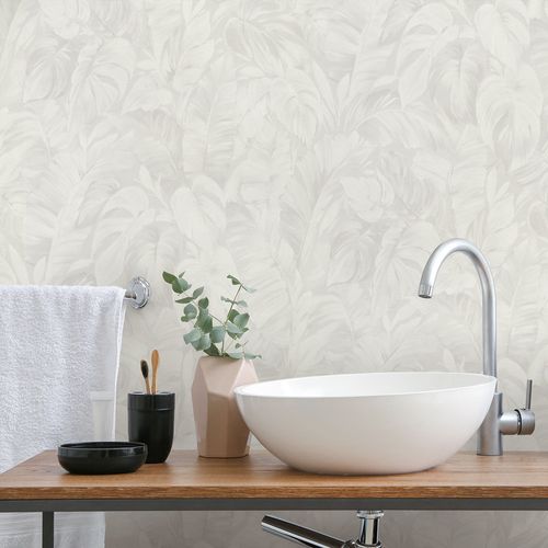 Non-woven wallpaper leaf pattern white grey 10416-31