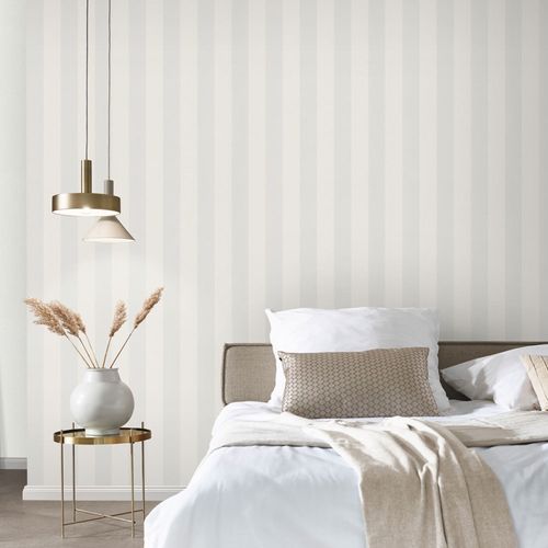 Non-woven wallpaper stripes grey white metallic 10361-31