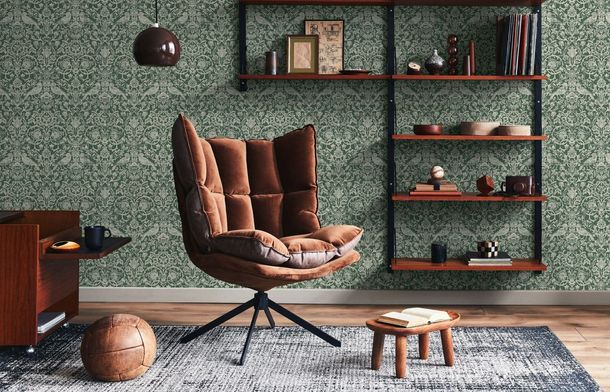 Non-woven wallpaper floral ornaments green cream 47624