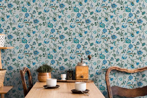 Non-woven wallpaper floral green turquoise blue 47647