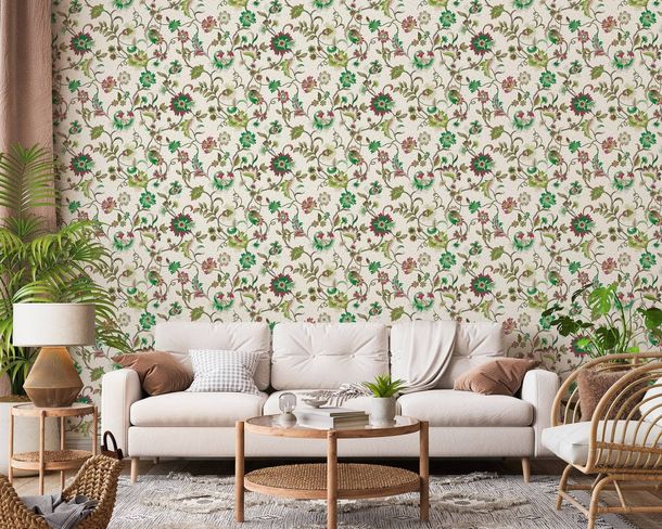 Non-woven wallpaper floral modern cream green red 47648
