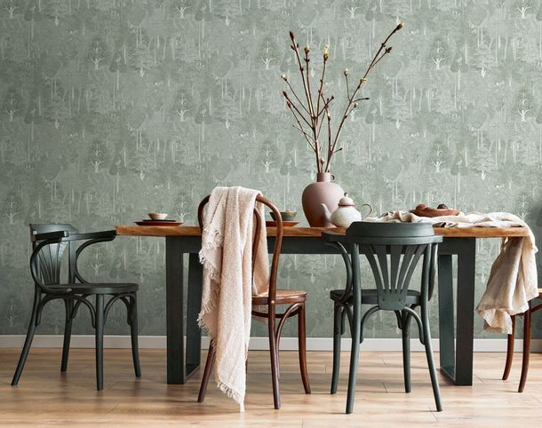 Non-woven wallpaper exotic plants green white 47651