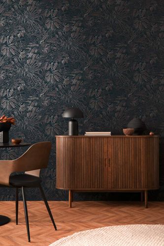 Non-woven wallpaper leaf pattern blue brown silver 39560-5